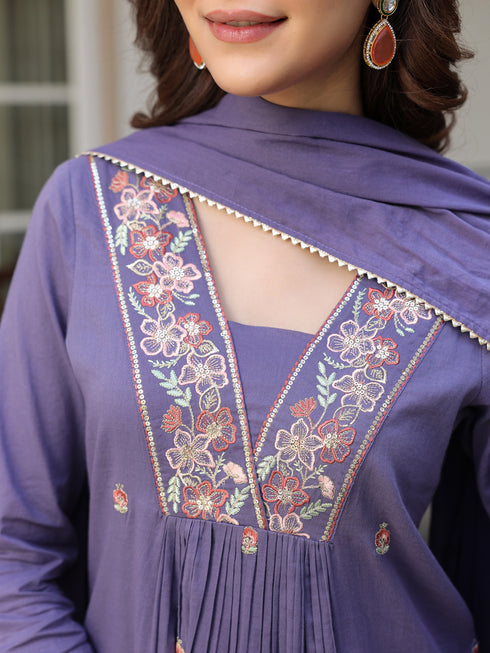Janasya Women's Purple Pure Cotton Embroidered A-line Kurta Set